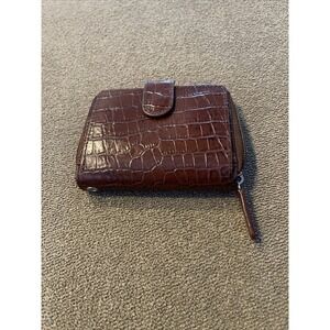 WALLETBE BROWN CROC EMBOSSED GENUINE LEATHER ID WALLET ZIP AROUND CARD SLOTS (TD